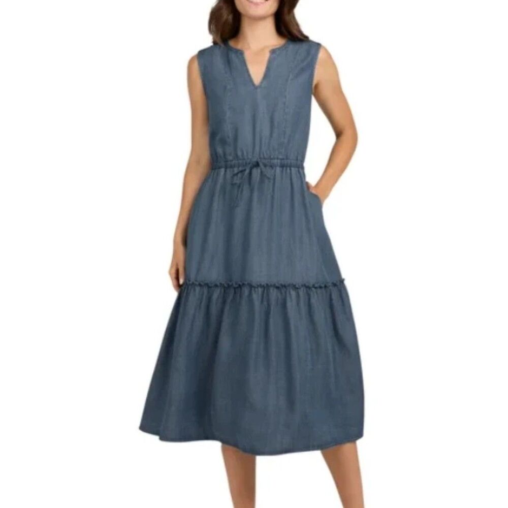 Lands' End Tiered Dress Womens Size XL Blue Lyocell Ruffled Sleeveless Midi